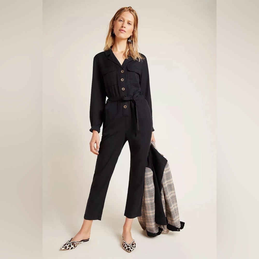Sanctuary x Anthropologie Black Button Front Jumpsuit M Utility Long Sleeve